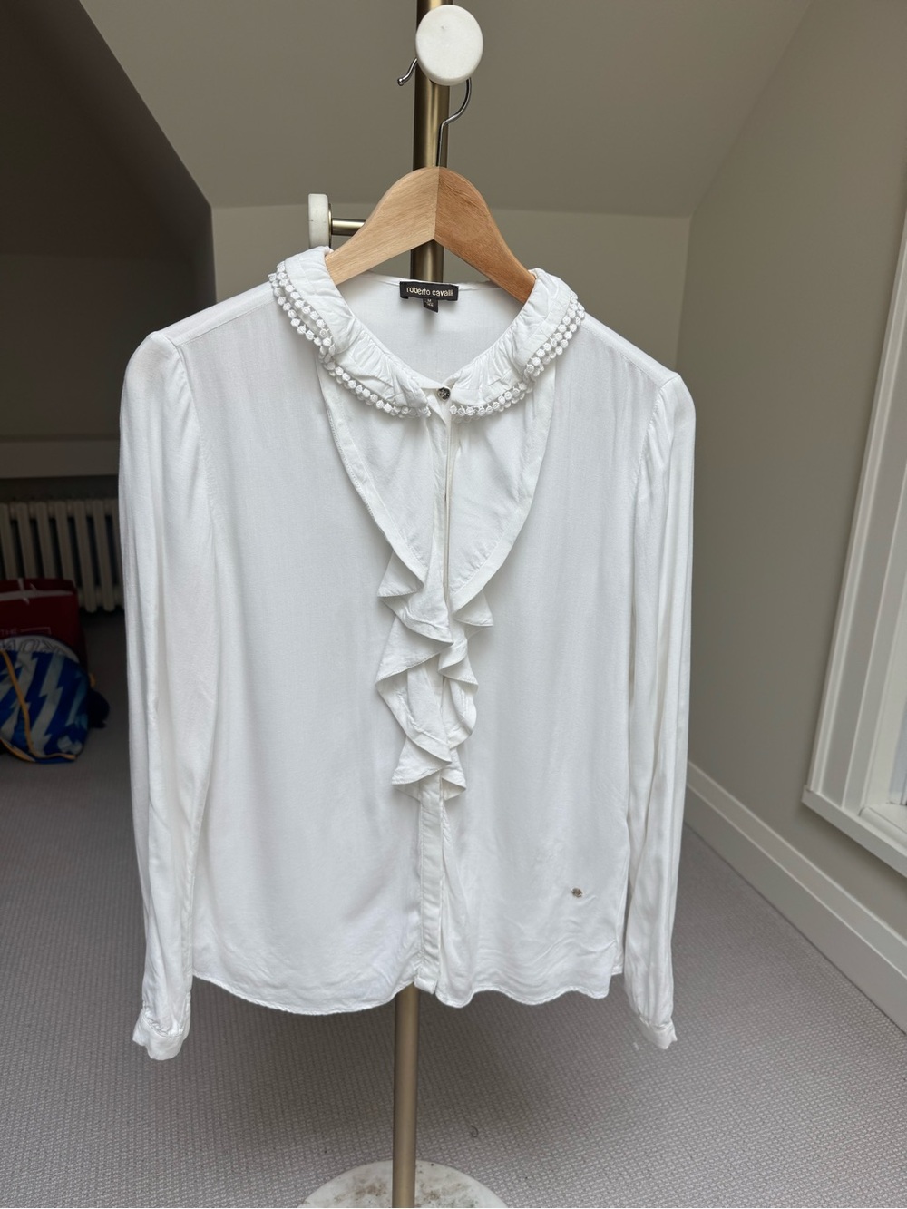 Roberto Cavalli White Pearl-Trim Ruffle Front Blouse